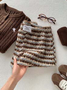 Comfortcana Winter Preppy Teddy Fleece Striped Shorts For Daily Loungewear High Waist - Brown - View 6