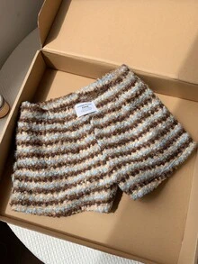 Comfortcana Winter Preppy Teddy Fleece Striped Shorts For Daily Loungewear High Waist - Brown - View 1