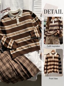 Comfortcana Women's Casual Brown Colorblock Striped Women Fall Winter Sweater Casual Halloween Back To School Button Up Polo Sweater - Multicolor - View 10