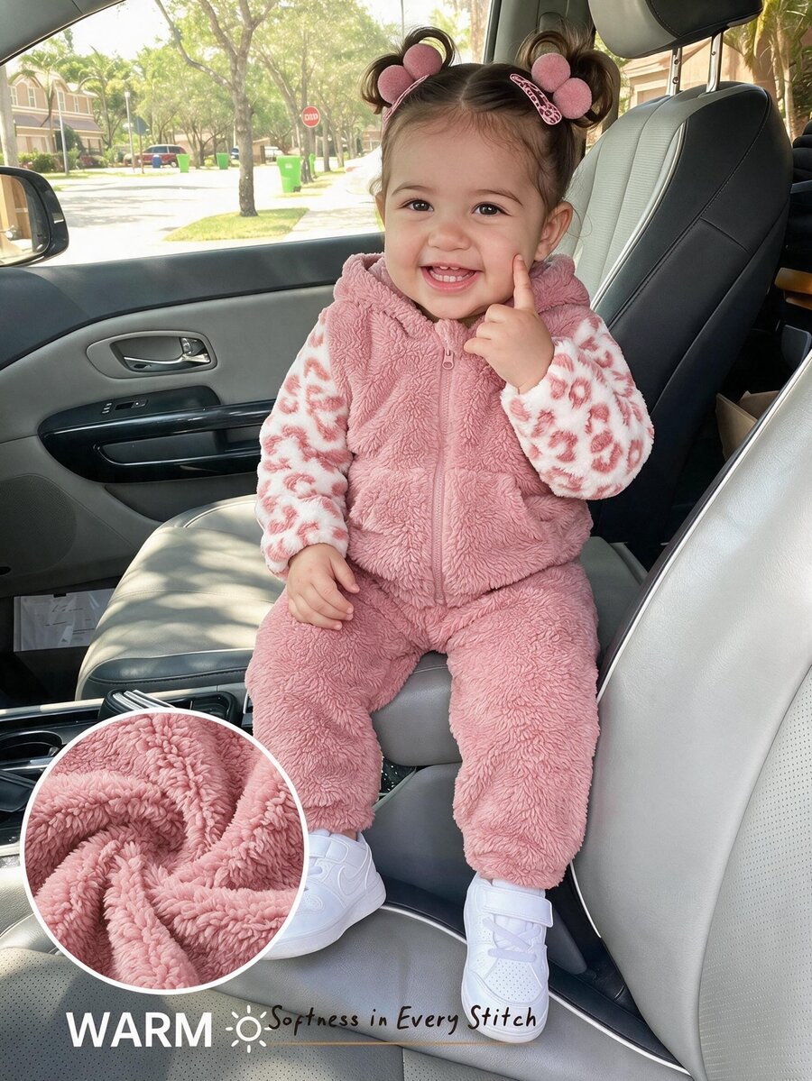 SHEIN Kids Young Girl Patchwork Leopard Print Zip-Up Hoodie And Autumn Pants Casual Set - Multicolor - View 1