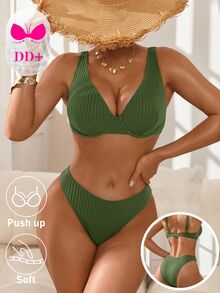 Voyashape Women's 2-Piece Bikini Set,Olive Green,Summer,Casual,Beach,Holiday,Holiday Exclusive For DD+ Bust,Push-Up Underwire Striped Textured Fabric Swimwear - Olive Green - View 2