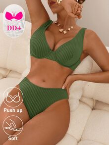 Voyashape Women's 2-Piece Bikini Set,Olive Green,Summer,Casual,Beach,Holiday,Holiday Exclusive For DD+ Bust,Push-Up Underwire Striped Textured Fabric Swimwear - Olive Green - View 6