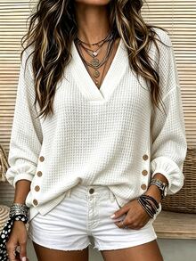 SHEIN Minimalist Commuter V-Neck Casual Loose Button Decor Long Sleeve College Daily Wear Women's Shirt - White - View 1