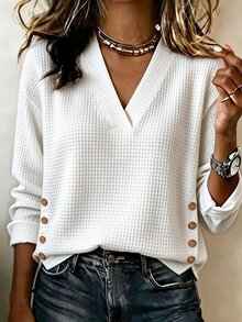 SHEIN Minimalist Commuter V-Neck Casual Loose Button Decor Long Sleeve College Daily Wear Women's Shirt - White - View 4
