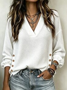 SHEIN Minimalist Commuter V-Neck Casual Loose Button Decor Long Sleeve College Daily Wear Women's Shirt - White - View 5