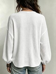 SHEIN Minimalist Commuter V-Neck Casual Loose Button Decor Long Sleeve College Daily Wear Women's Shirt - White - View 2