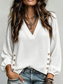 SHEIN Minimalist Commuter V-Neck Casual Loose Button Decor Long Sleeve College Daily Wear Women's Shirt - White - View 6