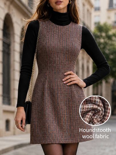 Editum Women's Plaid Casual Preppy Elegant Daily Summer Short Dress Office Brunch Brown