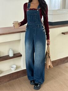 Rivivi Fashion Casual Vintage Washed Versatile Denim Overalls - Dark Wash - View 7