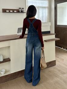 Rivivi Fashion Casual Vintage Washed Versatile Denim Overalls - Dark Wash - View 2