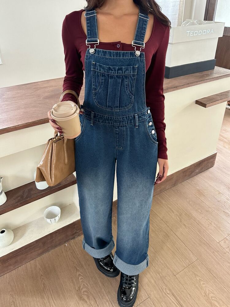 Rivivi 時尚休閒復古水洗百搭牛仔吊帶褲 - 深色水洗藍 - 查看 9