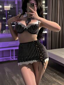 Dansine Set Seragam Sekretaris COS Bodycon Seksi Bergaris Hitam Putih dengan Lubang dan Tali Pengikat - Hitam - View 3