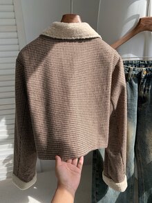 Comfortcana Women's Plush Houndstooth Double-Breasted Casual Thick Coat - Brown - View 2