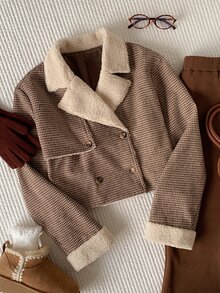 Comfortcana Women's Plush Houndstooth Double-Breasted Casual Thick Coat - Brown - View 3