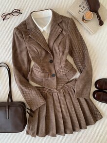 Comfortcana Autumn Graduation Preppy Vintage Dark Academia Style Dark Brown Plaid Suit For Campus Party Office With Bowknot Element And Mode - Coffee Brown - View 3