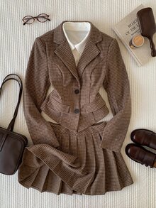 Comfortcana Autumn Graduation Preppy Vintage Dark Academia Style Dark Brown Plaid Suit For Campus Party Office With Bowknot Element And Mode - Coffee Brown - View 7