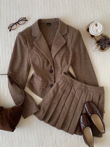 Comfortcana Autumn Graduation Preppy Vintage Dark Academia Style Dark Brown Plaid Suit For Campus Party Office With Bowknot Element And Mode - Coffee Brown - View 4