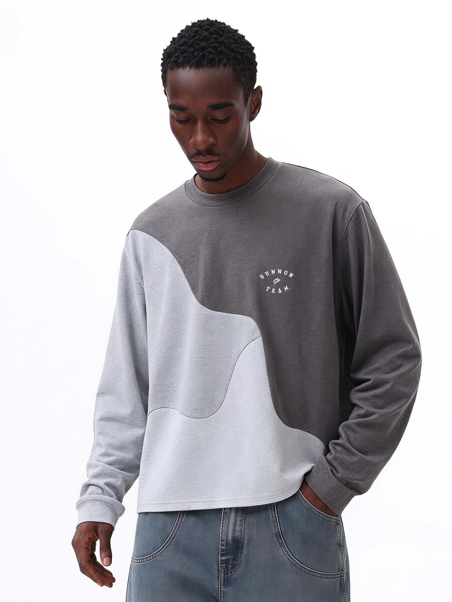 SUMWON Sweatshirt Lengan Panjang Leher Bulat Blok Warna Kontras Pria dengan Detail Logo, Atasan Pullover Kasual untuk Pakaian Sehari-hari Musim Gugur Musim Dingin, Gaya Nyaman, Polos - Grey - View 1