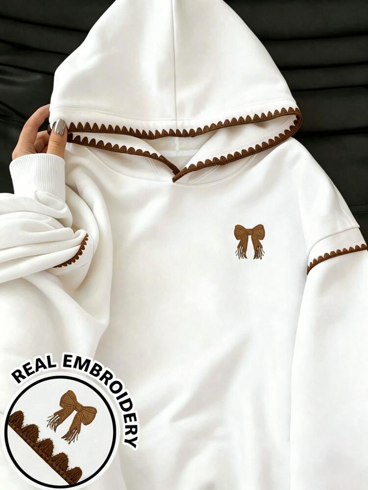 Resyla Women's Outerwear Top, Autumn/Winter New Style, Fashionable Versatile, Outdoor Holiday Outfit, Beige, Bow Print Embroidery Craft, Women's Double Layer Hooded Sweatshirt - White - View 6