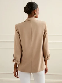 Lilora Jaket Blazer Lengan Panjang Wanita Warna Polos Kasual Elegan untuk Perjalanan Kantor Bisnis Warna Cokelat Muda Musim Panas - Khaki - View 8