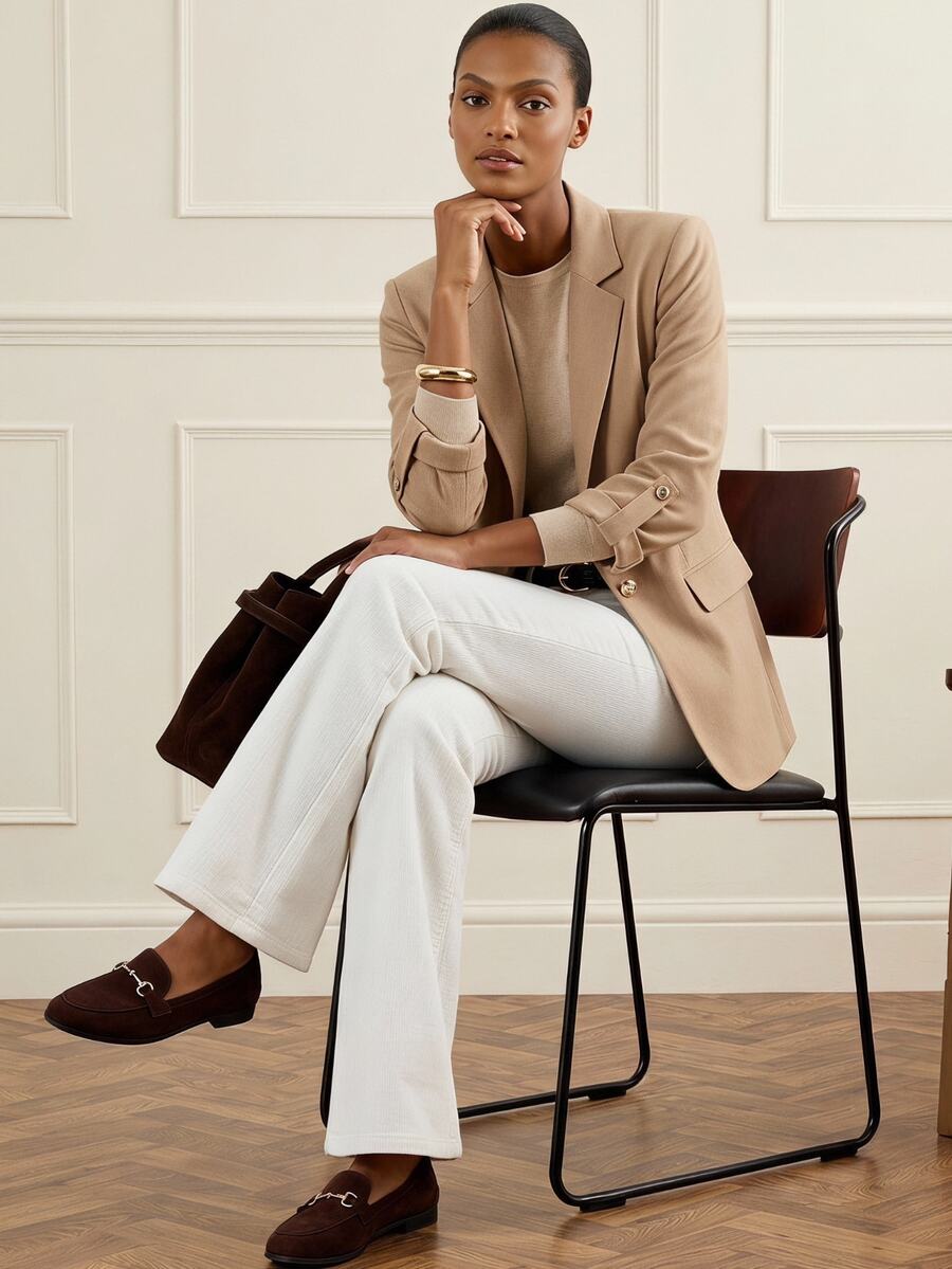 Lilora Jaket Blazer Lengan Panjang Wanita Warna Polos Kasual Elegan untuk Perjalanan Kantor Bisnis Warna Cokelat Muda Musim Panas - Khaki - View 1
