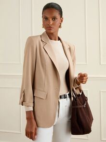 Lilora Jaket Blazer Lengan Panjang Wanita Warna Polos Kasual Elegan untuk Perjalanan Kantor Bisnis Warna Cokelat Muda Musim Panas - Khaki - View 4