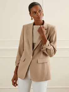 Lilora Jaket Blazer Lengan Panjang Wanita Warna Polos Kasual Elegan untuk Perjalanan Kantor Bisnis Warna Cokelat Muda Musim Panas - Khaki - View 7