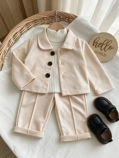 SHEIN Set da 2 pezzi per ragazzi primavera/autunno: giacca beige con colletto ribaltato & pantaloni lunghi casual, stile formale da gentiluomo, perfetto per il ritorno a scuola.