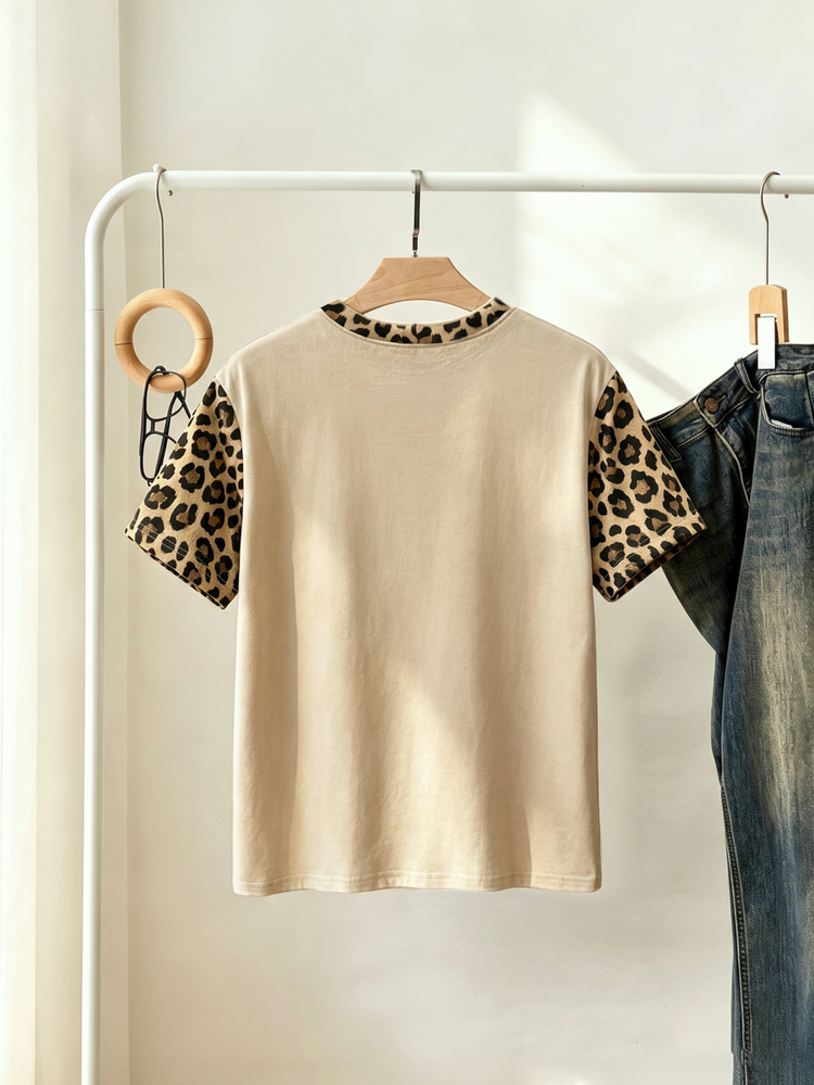 Resyla Women's Leopard Print Christmas Tree Graphic Round Neck Short Sleeve Casual T-Shirt - White - View 2