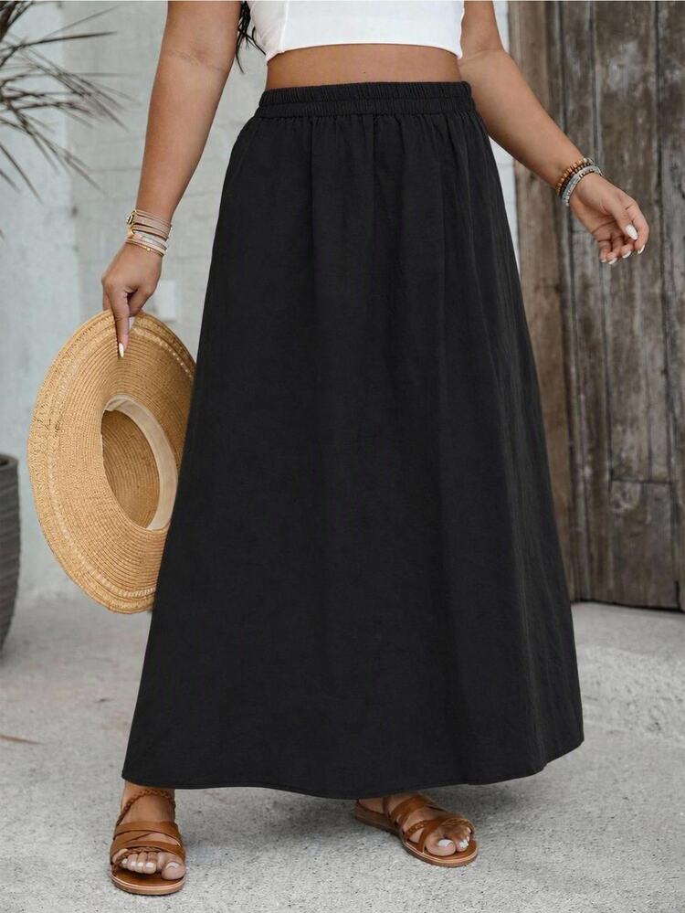 SHEIN VCAY Plus Size Women Solid Color Casual Baggy Versatile Daily Wear Skirt Office Formal Black Autumn - Black - View 5