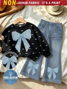 SHEIN Young Girls 1 Set Fall Outfits Bow Print Sweatshirt & Blue Flare Jeans, Fall Winter Casual Clothes - Multicolor - View 4