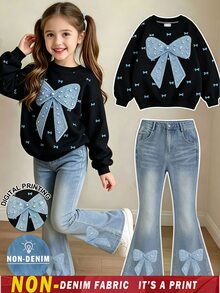 SHEIN Young Girls 1 Set Fall Outfits Bow Print Sweatshirt & Blue Flare Jeans, Fall Winter Casual Clothes - Multicolor - View 1