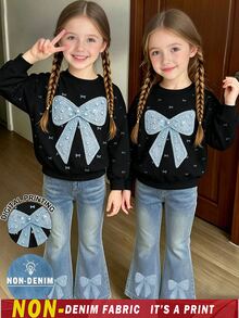 SHEIN Young Girls 1 Set Fall Outfits Bow Print Sweatshirt & Blue Flare Jeans, Fall Winter Casual Clothes - Multicolor - View 3