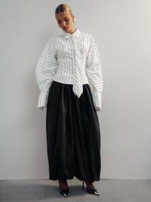 Hauture 经典条纹翻领长袖系带衬衫，时尚优雅的女士办公着装 - 黑與白 - 查看 5