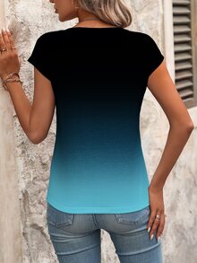 Omancia Women Gradient V-Neck Short Sleeve Casual T-Shirt, Summer Graphic Tees Women Tops - Multicolor - View 2