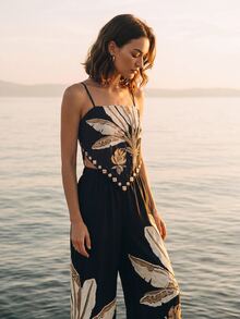 CAJUNI Chic Vacation Golden Palm Embroidery Elegant Top And Pants Coord - Black - View 10