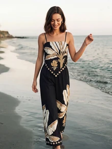 CAJUNI Chic Vacation Golden Palm Embroidery Elegant Top And Pants Coord - Black - View 8