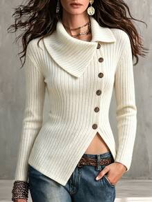 SHEIN Elegant Minimalist Turn-Down Collar Asymmetrical Button Decor Ribbed Knit Slim Fit Commuter Casual Vacation College Daily Wear Women's Outing Top - White - View 4