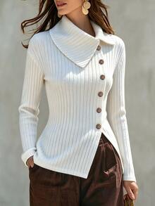 SHEIN Elegant Minimalist Turn-Down Collar Asymmetrical Button Decor Ribbed Knit Slim Fit Commuter Casual Vacation College Daily Wear Women's Outing Top - White - View 6