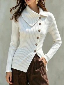 SHEIN Elegant Minimalist Turn-Down Collar Asymmetrical Button Decor Ribbed Knit Slim Fit Commuter Casual Vacation College Daily Wear Women's Outing Top - White - View 3