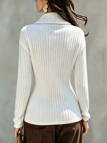 SHEIN Elegant Minimalist Turn-Down Collar Asymmetrical Button Decor Ribbed Knit Slim Fit Commuter Casual Vacation College Daily Wear Women's Outing Top - White - View 2