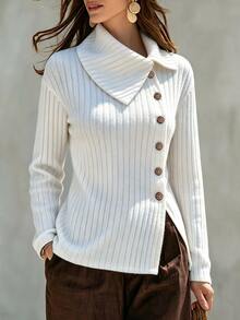 SHEIN Elegant Minimalist Turn-Down Collar Asymmetrical Button Decor Ribbed Knit Slim Fit Commuter Casual Vacation College Daily Wear Women's Outing Top - White - View 1
