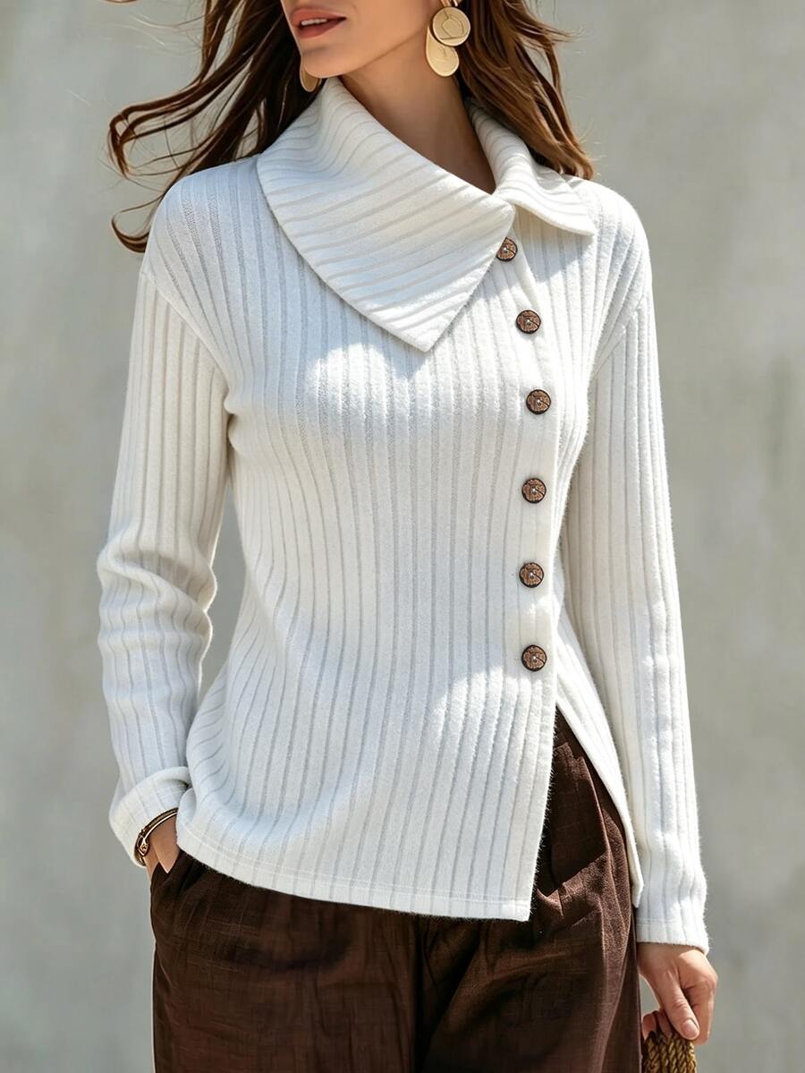 SHEIN Elegant Minimalist Turn-Down Collar Asymmetrical Button Decor Ribbed Knit Slim Fit Commuter Casual Vacation College Daily Wear Women's Outing Top - White - View 1