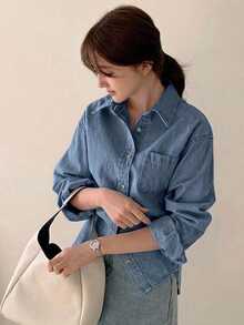 DAZY Light Wash Denim Shirt With Collar And Pockets, Loose Fit Long Sleeve, Spring/Summer/Autumn - Medium Wash - View 5