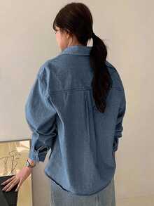 DAZY Light Wash Denim Shirt With Collar And Pockets, Loose Fit Long Sleeve, Spring/Summer/Autumn - Medium Wash - View 3