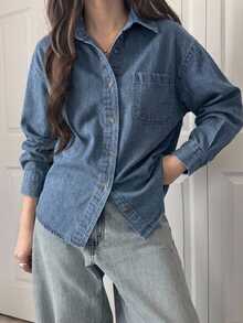 DAZY Light Wash Denim Shirt With Collar And Pockets, Loose Fit Long Sleeve, Spring/Summer/Autumn - Medium Wash - View 6