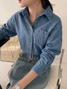 DAZY Light Wash Denim Shirt With Collar And Pockets, Loose Fit Long Sleeve, Spring/Summer/Autumn - Medium Wash - View 2