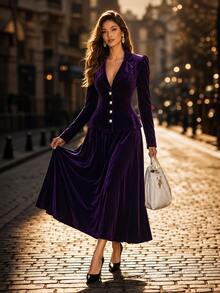 Editum Women's Solid Color Single-Breasted Jacket And Skirt Elegant Suit Set - Purple - View 7