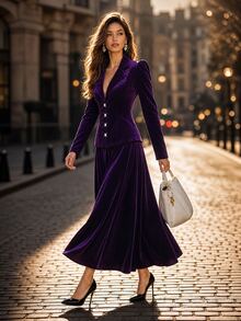 Editum Women's Solid Color Single-Breasted Jacket And Skirt Elegant Suit Set - Purple - View 5