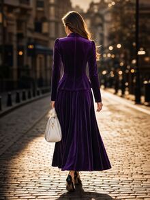 Editum Women's Solid Color Single-Breasted Jacket And Skirt Elegant Suit Set - Purple - View 4